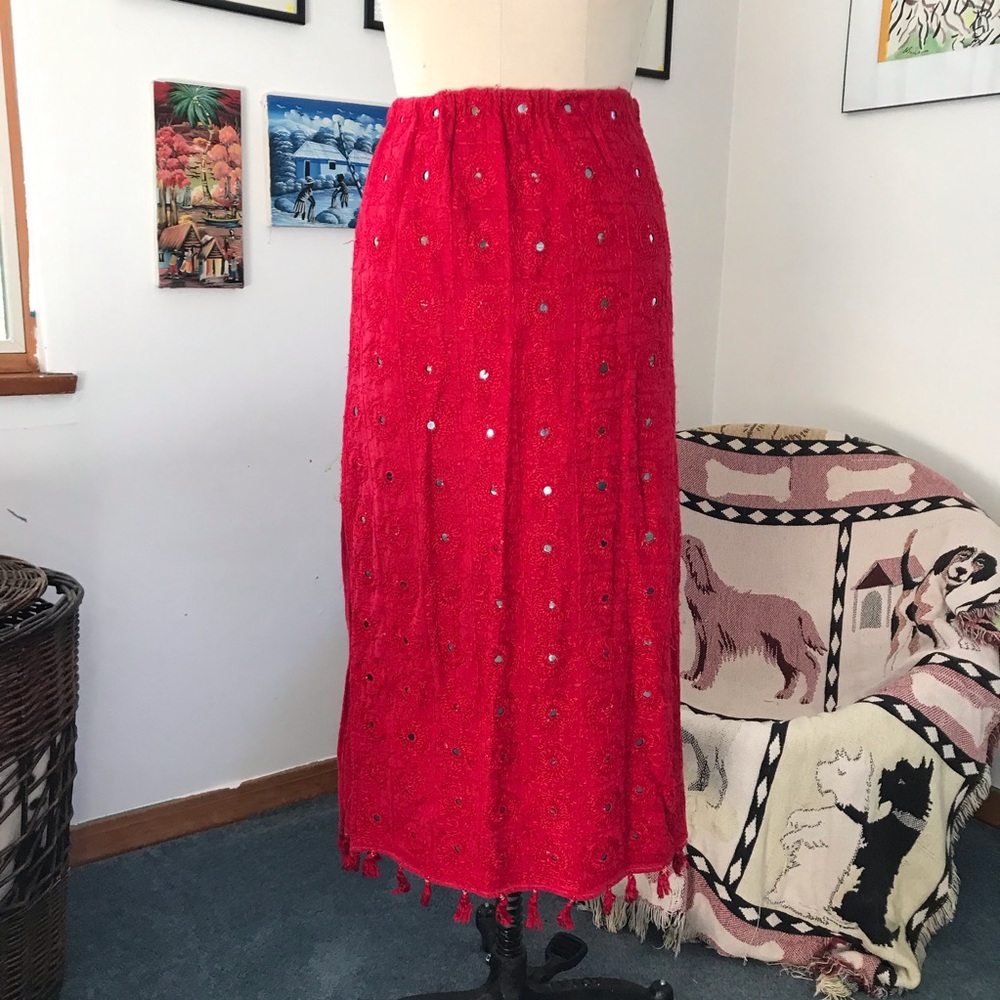 Vintage 1970’s RED Fun Fringed Embroidered Mirrored Groovy Hippie Skirt!